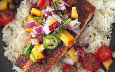 Chili Lime Salmon with Peach Salsa and Cilantro Crema